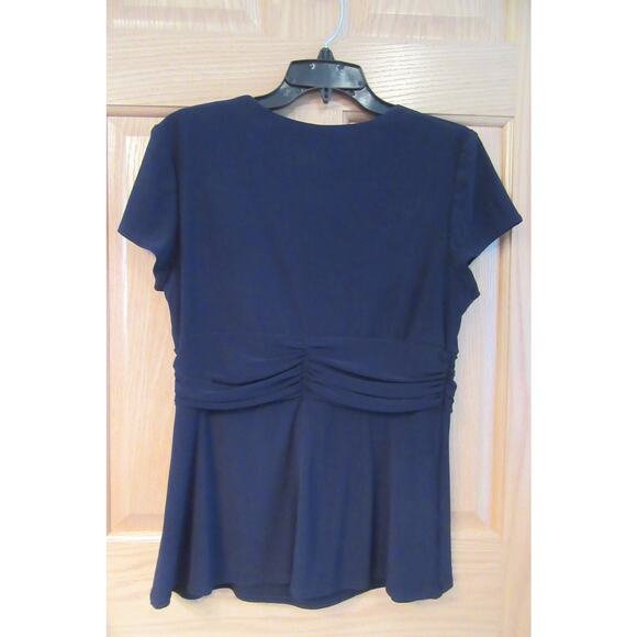 R & M Richards Pants Suit Navy Blue Short Sleeve Rusche'd Embellished Womens 12P - Picture 5 of 14